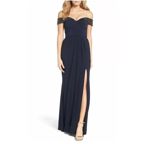 NWT XSCAPE Off-the-Shoulder Ruched Jersey Gown with Beading Size 4 - Picture 1 of 12